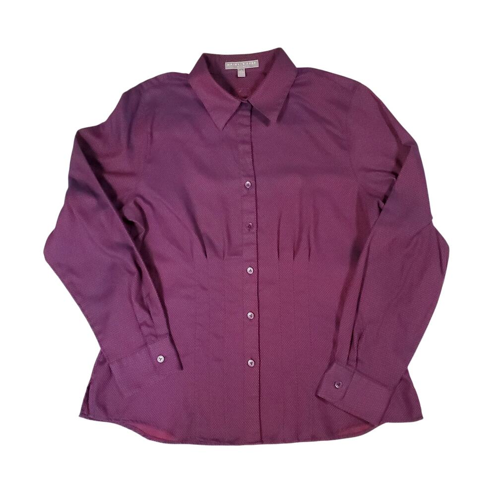 Foxcroft No Iron Shaped Fit Button Down Top Preppy Red Blue Nailhead Pleated 14